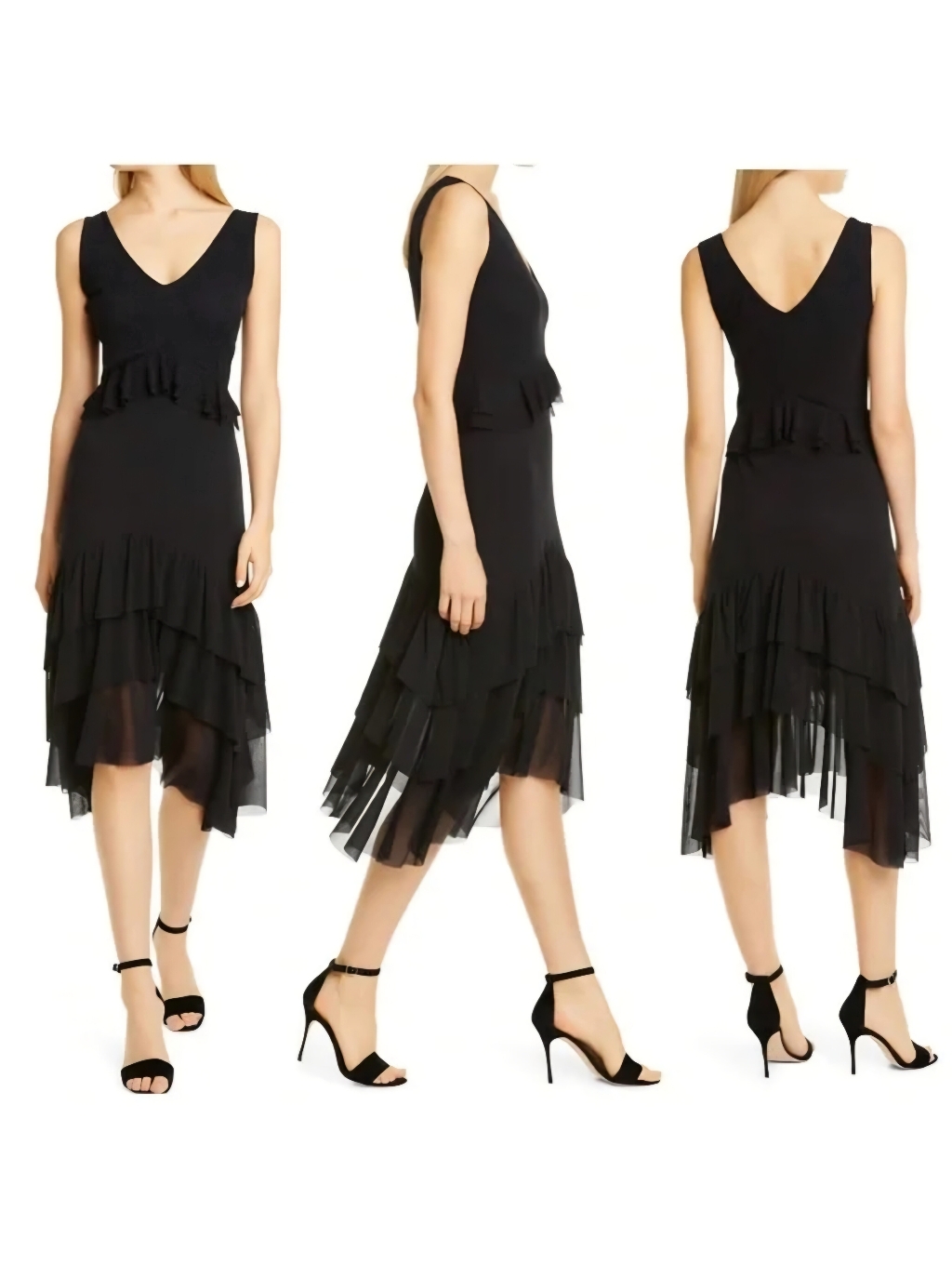 Fuzzi X Jpg Lbd Tulle Layered Tiered Ruffle Black V-Neck Sleeveless Dress Xl